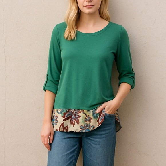 ✅ Anthropologie Little Yellow Button Blouse Sz S Green Flounce Tunic Rolled Tab - Picture 1 of 9